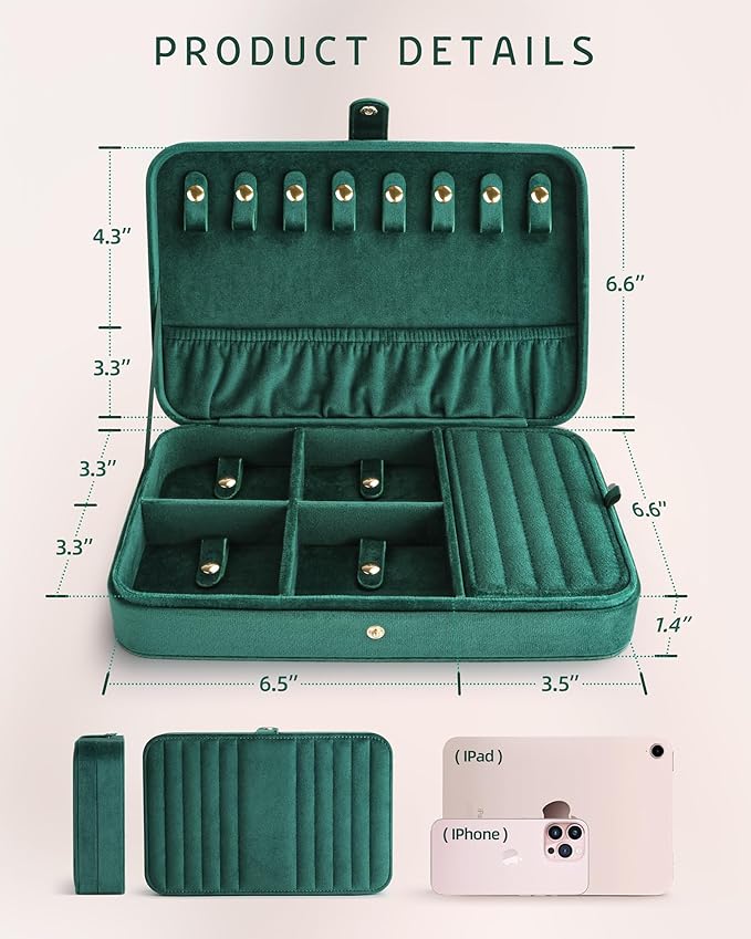 VELORIA Emerald Green Velvet Travel Jewelry Organizer, Necklace Holder Case with 8 Snap Clasps, Elastic Pouch, Ring & Earring Storage, Compact Jewelry Case for Bracelets and Bangles