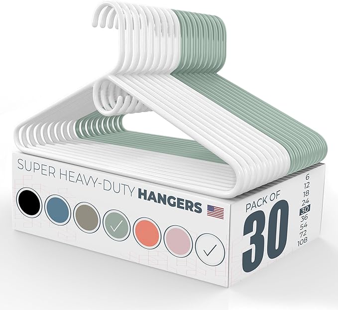 Neaties Super Heavy Duty Clothes Hangers 30 Pack – Made in The USA - 10lb Capacity, Thick Plastic Hangers for Pants, Coats, Jackets, Jeans and Adult Clothing – White & Mint