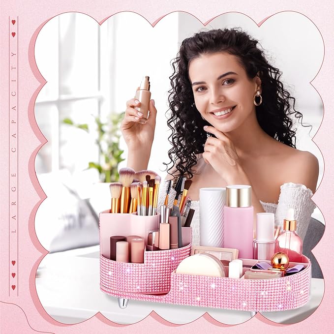 Teen Girls Women Gift 360 Rotating Bling Makeup Organizer Large Rhinestone Diamond Bathroom Organizer Girly Skin Care Brush Holder for Countertop,Bathroom Essentials(Pink,Rhinestone)