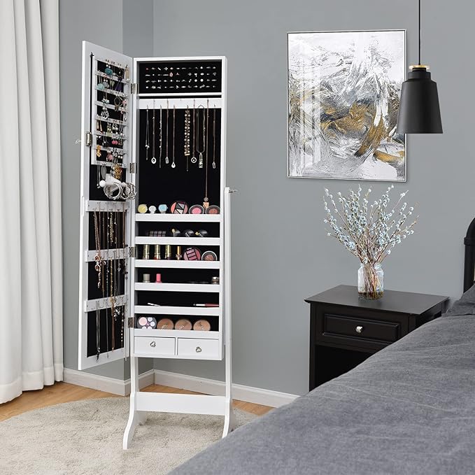 COSTWAY Standing Jewelry Armoire Cabinet, 4-Angle Tilting Jewelry Organizer with Full-length Mirror and Large Storage Capacity, Lockable Jewelry Cabinet for Bedroom, Dressing Room (White)