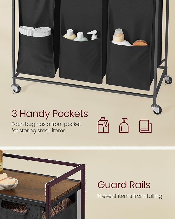 VASAGLE Laundry Sorter, 43.5 Gal. (165 L) Laundry Hamper Basket with 3 Compartments, Rolling Cart with Wheels, Shelf, Removable Bags, Pockets, Ink Black and Rustic Brown UBLH031B01