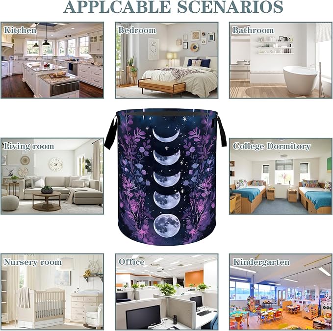 Moon Phase Floral with Starry Sky Laundry Basket, Dirty Collapsible Clothes Toy Organizer Hamper for Kids Adults, Oxford Cloth Waterproof Storage Bin for Room Bathroom Decor Gifts, 19.7"X15.7"