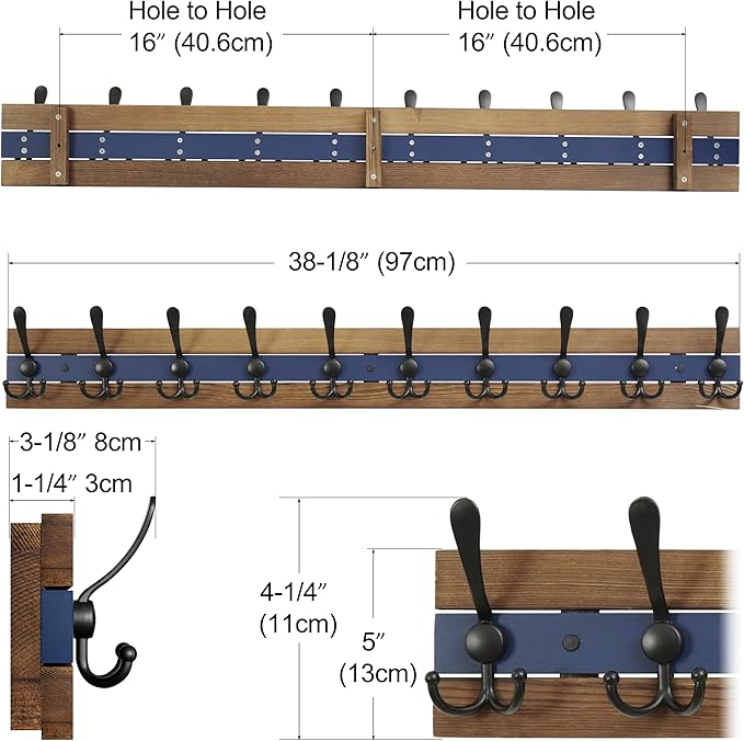 SKOLOO Rustic Wall Mounted Coat Rack - 38-1/8" Long Coat Hooks for Wall with 10 Triple Hooks for Hanging Coats, Hats or Tools, Western National Parks Collection, Wood Brown & Blue