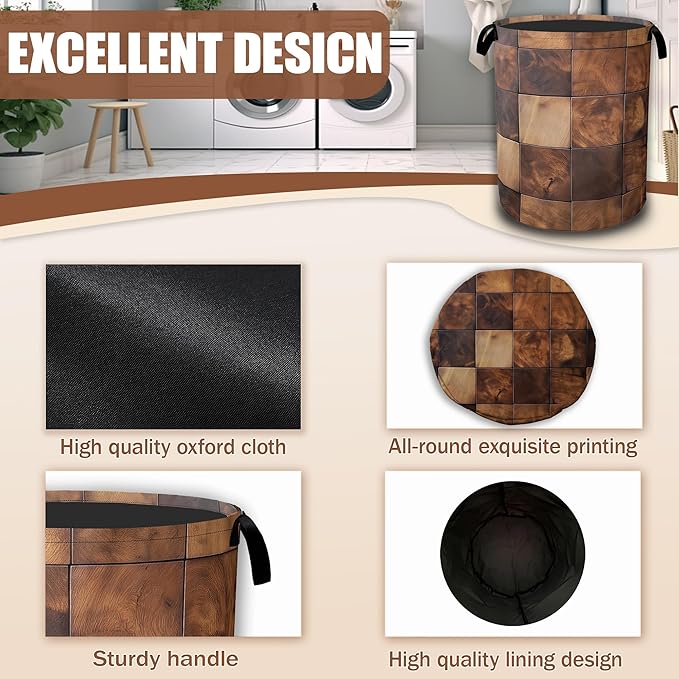 Brown Wood Squares Laundry Basket, Laundry Hamper Waterproof Oxford Cloth Tote Collapsible,Clothes Storage Bucket Decorative Toy Organizer For Bathroom Bedroom 16" x 20.8"