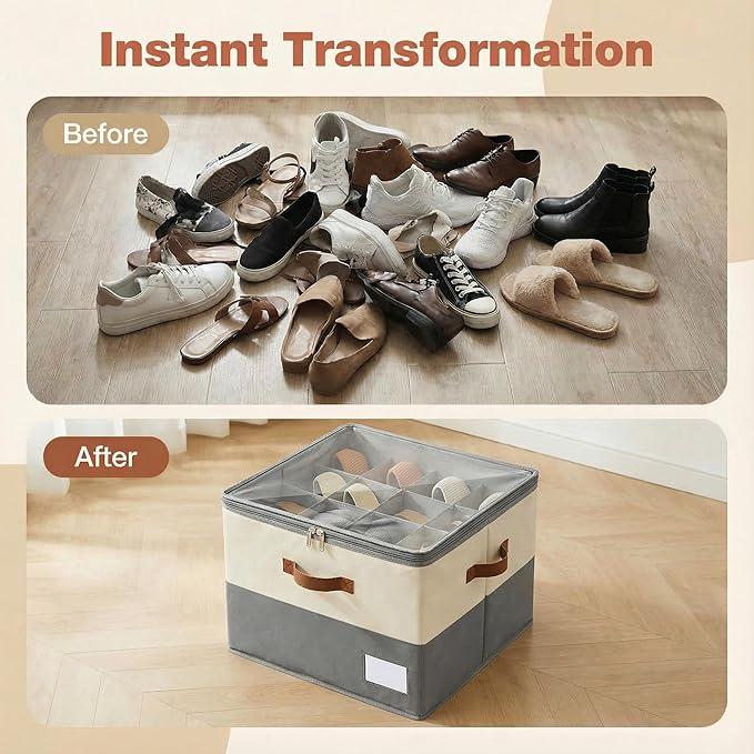 Shoe Organizer for Closet, Fabric Shoe Storage Boxes with Lids, Adjustable Dividers for 16 Pairs, Foldable Shoe Cubby with Label Window, Fits Tall Boots, Beige & Grey