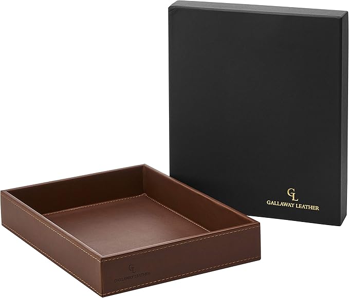 GALLAWAY Leather Valet Tray for Men - Nightstand Organizer EDC Tray for Wallet and Keys - Bedside Dresser Catch All Dump Key Bowl for Entryway Table, Dark Brown