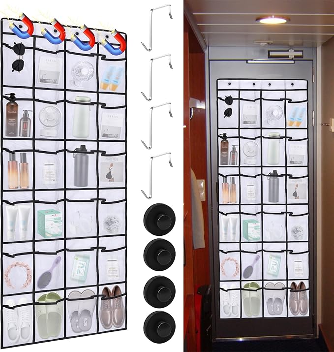 Over The Door Organizer For Cruise Ships|Magnetic Door Organizers with 24-Pocket for Cruise Ship|55"x21"|Cruise Over the Door Organizer,Magnetic Shoe Rack for Cruise,Behind-Door Storage