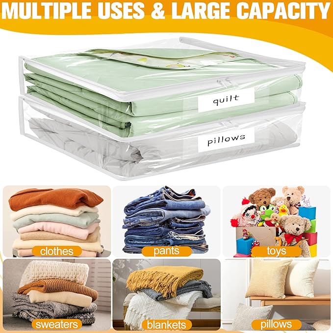 Plastic Storage Bags with Easy-Glide Zipper, Pack of 8, Durable Clear Vinyl Zippered Storage Bags for Clothes Sweaters Comforters Blankets Sheets Bedding (15.7 x 13.8 x 3.9 Inch)