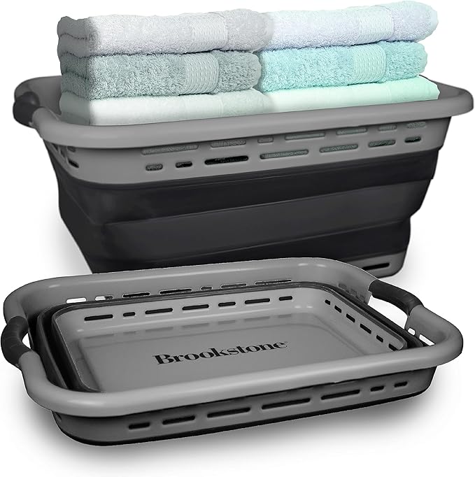 BROOKSTONE, 11 GALLONS - [OUR LARGEST BASKET EVER] 24" Collapsible Laundry Basket, Comfort Non-Slip Grip Handles, Minimalist Space Saving Design, Portable Pop-Up Hamper, [BPA FREE] Dark Grey