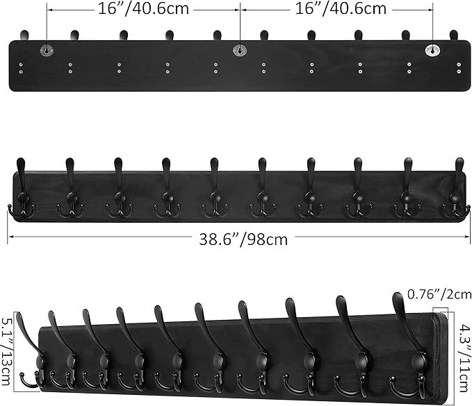SKOLOO Coat Rack Wall Mounted - 38.3'' Long, Wooden, Heavy Duty, Rustic Coat Hooks for Wall, 16'' Hole to Hole, Wall Coat Rack with 10 Triple Hooks for Hanging Clothes, Jacket, Hat(Black)