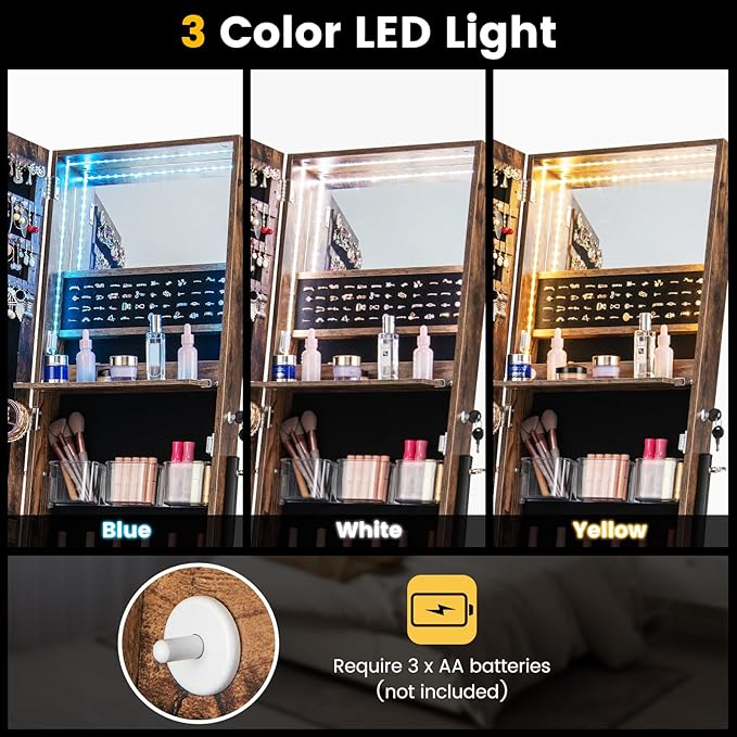 CHARMAID Jewelry Cabinet Armoire with Full Length Mirror, 3-Color Light Strips, Mirrored Tilt out Drawer, Lockable Standing Jewelry Organizer with Storage Shelves, Metal Stand (Rustic Brown)