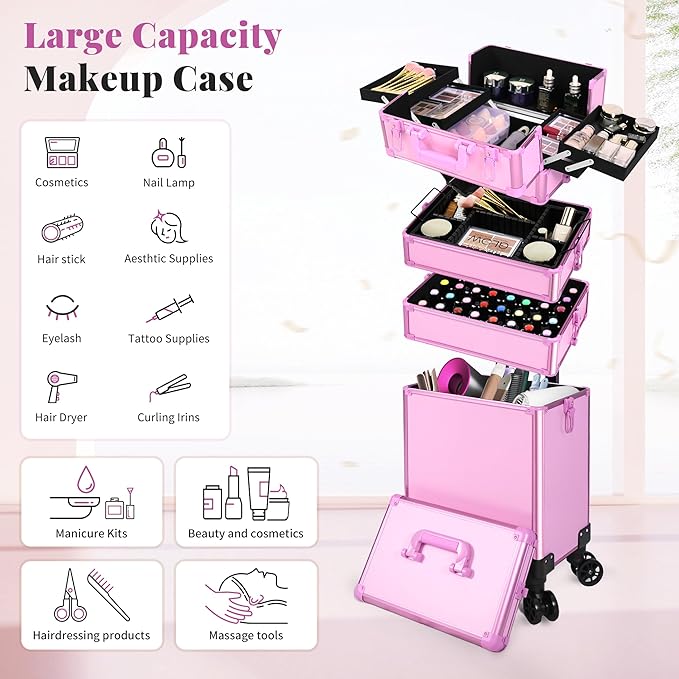 Profesional Rolling Makeup Train Case with Lid, 5 in 1 Cosmetology Case on Wheels, Large Cosmetic Trolley Organizer Travel for Hairstylist Artist Nail Beauty Salon Barber, Pink