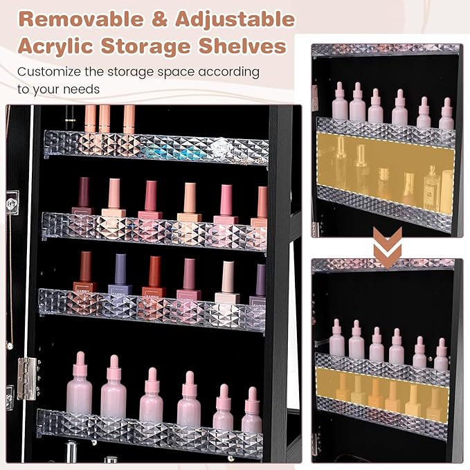 CHARMAID Jewelry Cabinet Armoire with Wheels, 64" Full Length Mirror with Jewelry Storage, 3-Color LED Lights, Adjustable Shelves, Lockable Standing Jewelry Organizer with Back Shelves (Black)