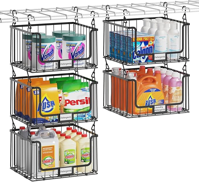 5-Tier Hanging Laundry Room Organizer with Label Cards,Foldable Wire Shelf Basket with 4 Rotating Hooks,Stacked Laundry Basket Organizer,Storage Rack for Laundry Rooms,Closet and Pantry-Black