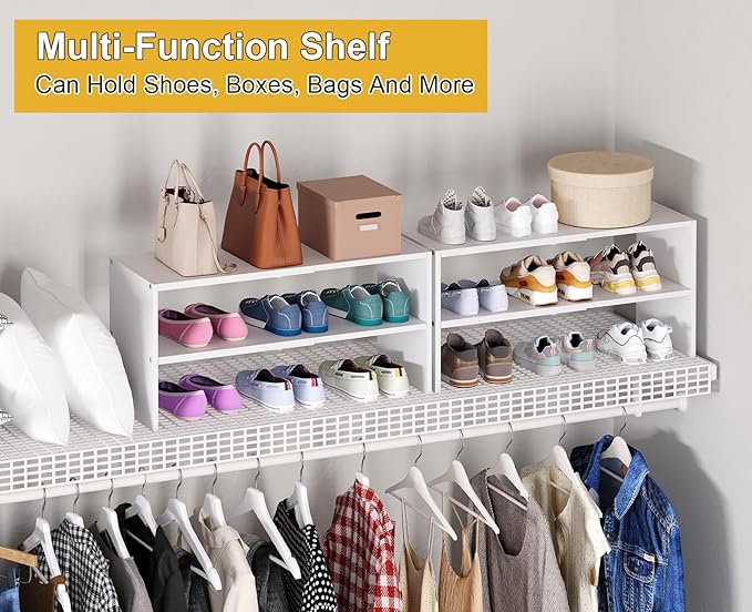 White Shoe Rack Organizer for Closet, 2-Tier Expandable Shoe Shelf, Stackable Iron Wood Combination Small Shoe Racks Shelves for Closets, Entryway,Small Space,Hallway,Garage,6-12 Pairs,Patent Pending