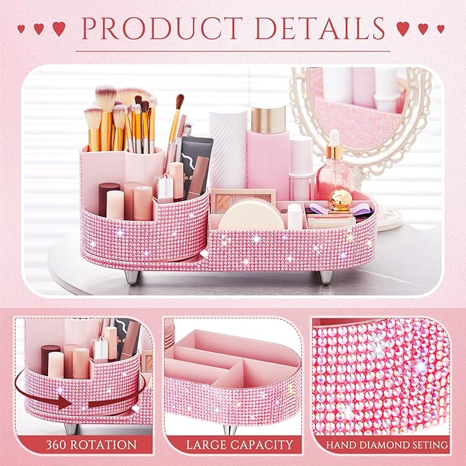Teen Girls Women Gift 360 Rotating Bling Makeup Organizer Large Rhinestone Diamond Bathroom Organizer Girly Skin Care Brush Holder for Countertop,Bathroom Essentials(Pink,Rhinestone)