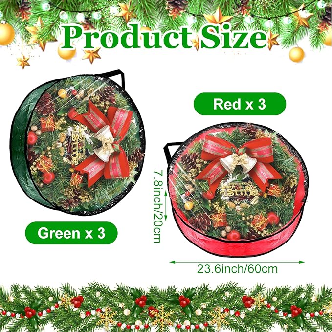 6 Pcs Christmas Wreath Storage Bag, 24" Dia Round Wreath Storage Container with Clear Window, Tear Resistant Wreath Boxes for Christmas Holiday Seasonal Storage (Red×3 ＆ Green×3)
