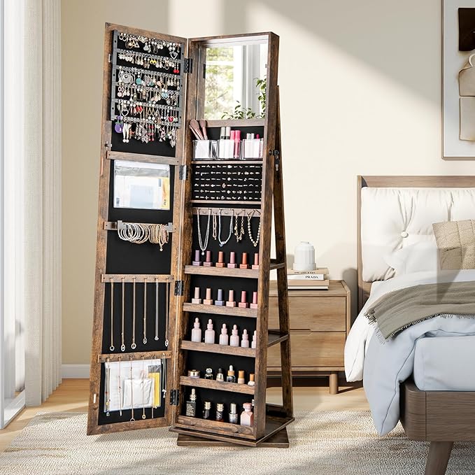 CHARMAID 3-in-1 Jewelry Armoire with Full Length Mirror, 360° Swivel Lockable Jewelry Cabinet with Shelves, Freestanding Mirror Organizer for Earrings, Necklaces, Rings, Makeup (Vintage Brown)