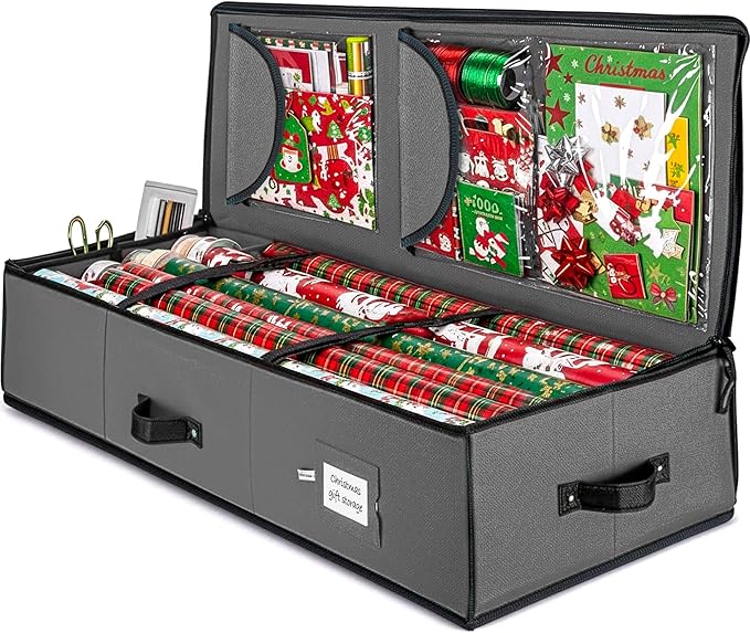 ZOBER Gift Wrapping Paper Organizer Storage - 40" Gift Wrap Storage Containers with Interior Pockets for Bows, Tags & Ribbons - Wrapping Paper Holder, 600D Oxford, Fits 24 Standard Rolls, Gray/Black