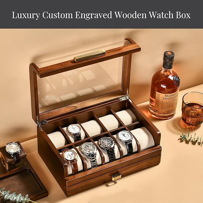 Shanik Wooden Watch Box with Drawer & Glass Lid – Acacia Wood Valet Tray Organizer for Men, Minimalist Nightstand Storage, Engraved Daily Watch Display Case, Personalized Gift for Him, Father’s Day