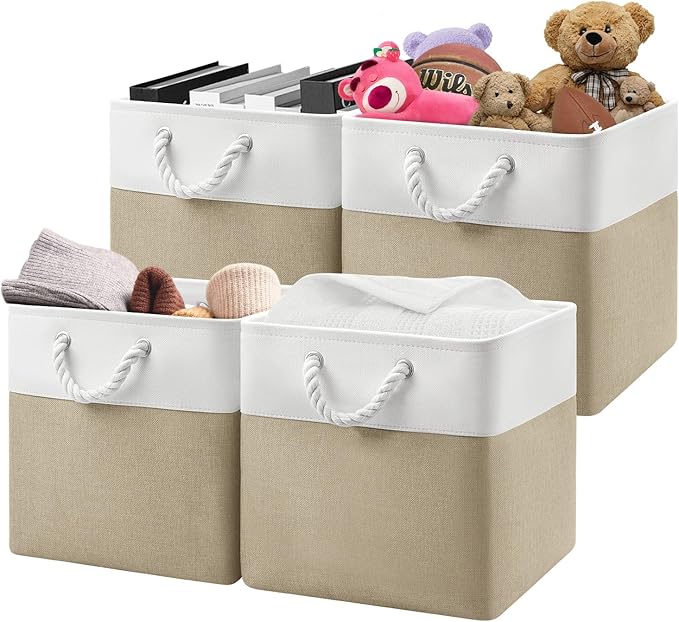 13x13x13 Storage Cube Bins,Set of 4, Large Foldable Fabric Storage Cubes with Handles for Organizing Home, Closet, Shelf, Office(White&Khaki)