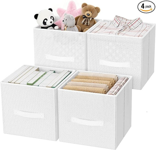 Fabric Storage Bins, Foldable Storage Cubes Baskets with Handle for Organizing, Collapsible Bins Cube Organizer Baskets for Closet, Shelves, Clothes, Towel (White, 4 Pack)