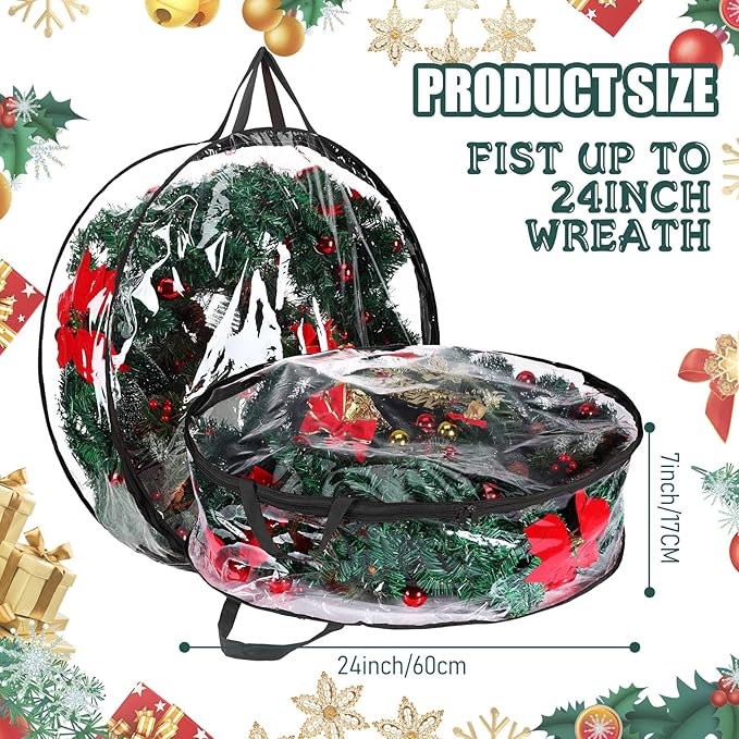 Shappy 4 Pieces Clear Christmas Wreath Storage Container 24 Inches Xmas Wreath Storage Bag Plastic Christmas Garland Container with Dual Zippers and Reinforced Handles for Xmas Seasonal (Black)