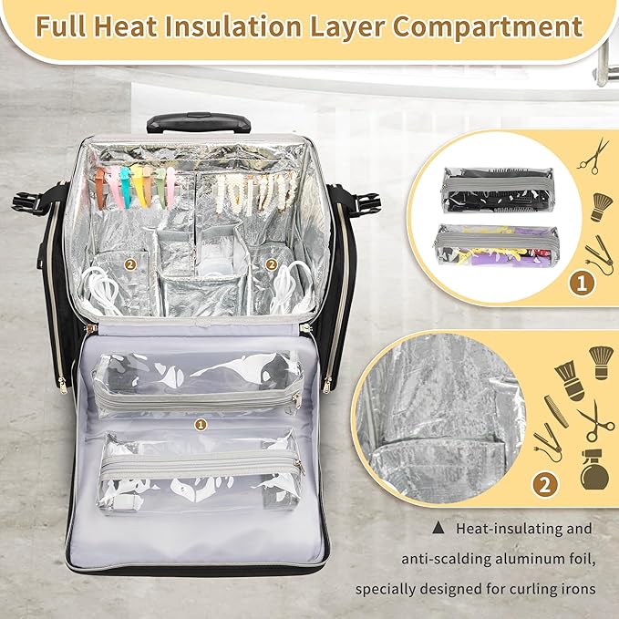 OCHEAL Hairstylist Traveling Case with a Large Makeup Travel Case with side Pocket for Hairstylist, Hairdresser Bag with Detachable Pouch,360° Rotatable Wheelsfor Hairdressing Tool Organizer