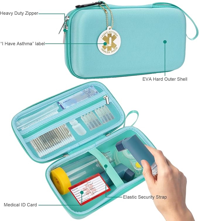 MGZNMTY Travel Carrying Case Compatible with Asthma Inhaler Spacer for Adults and Children, Masks, Inhaler Holder with Asthma Alert Tag and Medical Card, Carabiner (Only Case) (Green)