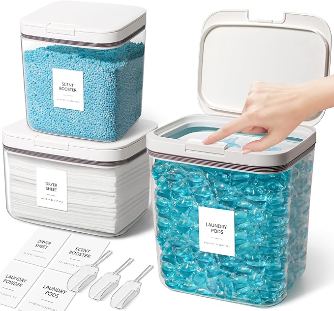 3 Pack Laundry Pods Container, Holder Dispenser for Laundry Room Organization Decor, for Storage, Dishwasher Pods, Scent Booster, Dryer Sheet, 152+94+67fl oz with Lids, Scoops & Labels