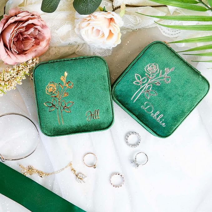 Customizable Compact Velvet Jewelry Box with Mirror, Travel Jewelry Case, Travel Jewelry Organizer, Jewelry Box for Women and Girls, Small Jewelry Organizer (Flower Design, Emerald Green)