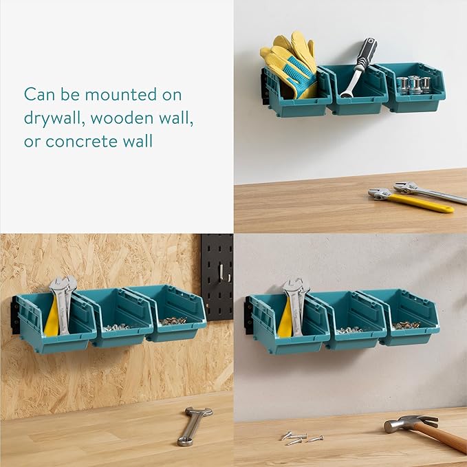Navaris Storage Bins - Interlocking Plastic Van Boxes - Wall Mounted Compartments for Screws Nails Small Tool Parts - Workshop, Garage, Drawer Shed Bolt Organizer - 3 Bins & 1 Rail