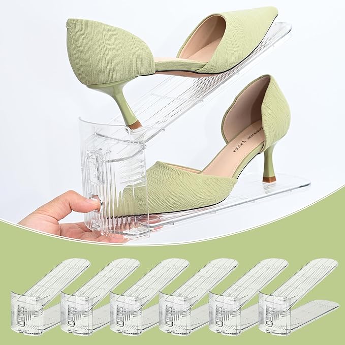 Shoe Slots Organizer for Closet, 6-Pack Adjustable Shoe Stacker & Space Saver Shoe Rack, Clear Double Deck Shoe Storage for Small Spaces (Transparent)
