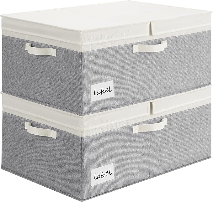 GRANNY SAYS Decorative Storage Boxes with Lid, Large Storage Bins with Double-Open Lid, Fabric Storage Bin for Clothes, 63L Closet Linen Storage Bin, White&Gray