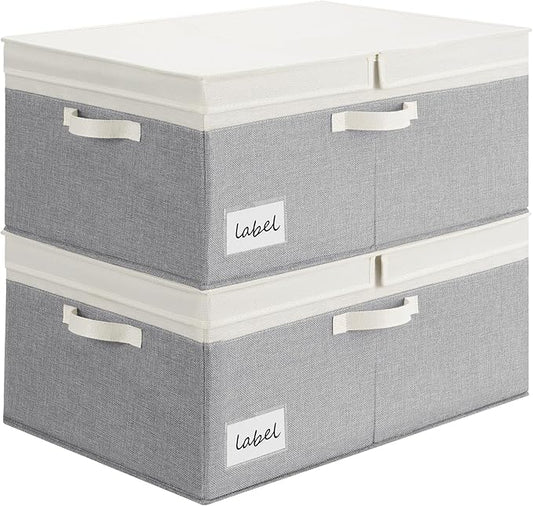 GRANNY SAYS Decorative Storage Boxes with Lid, Large Storage Bins with Double-Open Lid, Fabric Storage Bin for Clothes, 63L Closet Linen Storage Bin, White&Gray