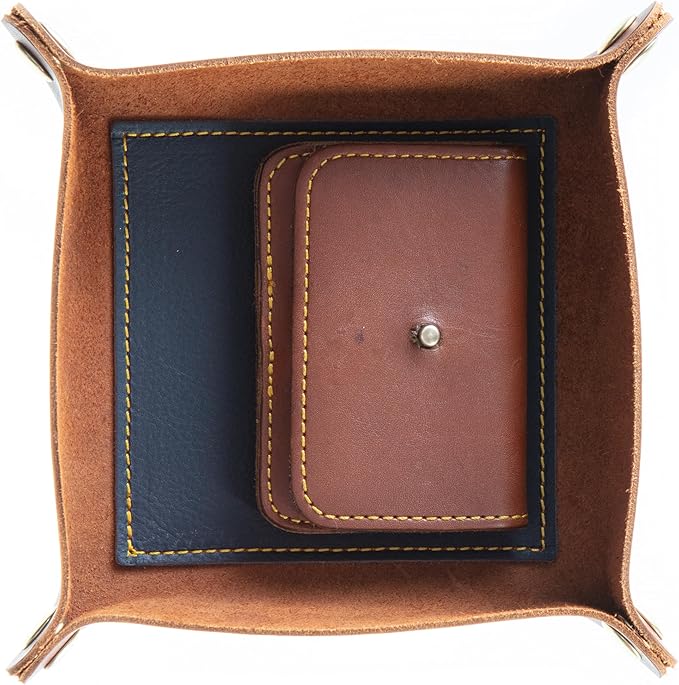 USA Handmade Premium Leather Valet Tray, Folds Flat! Dice Rolling Basket and Organizer with Brass Snaps (Chestnut and Blue Gold, Medium)