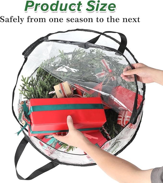 4 PCS Clear Wreaths Storage Bag, 24x8 Inch Christmas Wreaths Storage Container, Heavy Duty PVC Wreath Protector with Handle for Xmas Holiday Seasonal Wreath Garland (Black)