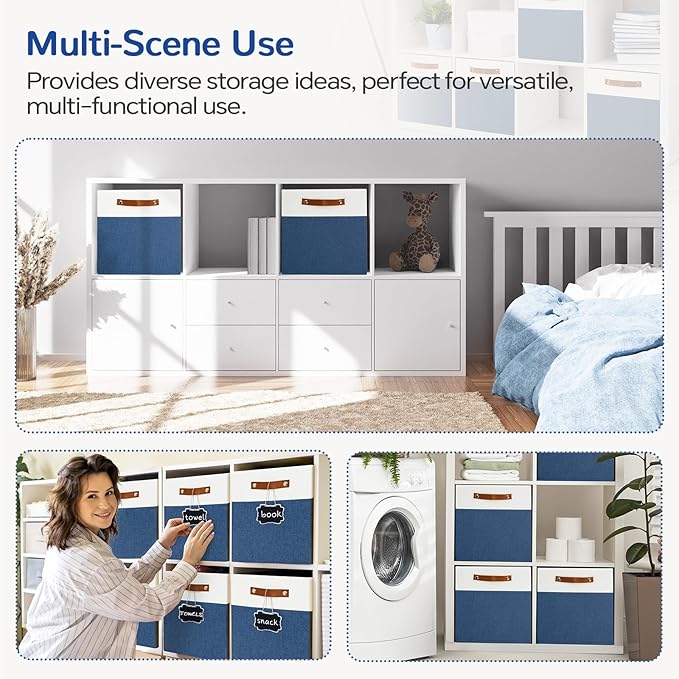 13x13 Storage Cubes 6-Pack, Large Foldable Fabric Cube Storage Bin with Reinforced Bottom and Labels, Organizer Baskets for Shelves, Closets(White/Blue)
