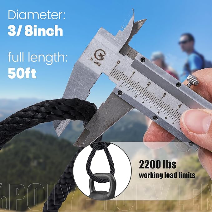 3/8 Inch 50ft Braided Polypropylene Rope, Extra Strength, Weather Resistant Indoor Outdoor Cord for Gardening, DIY Projects, Knot Tying, 1300lbs, Black