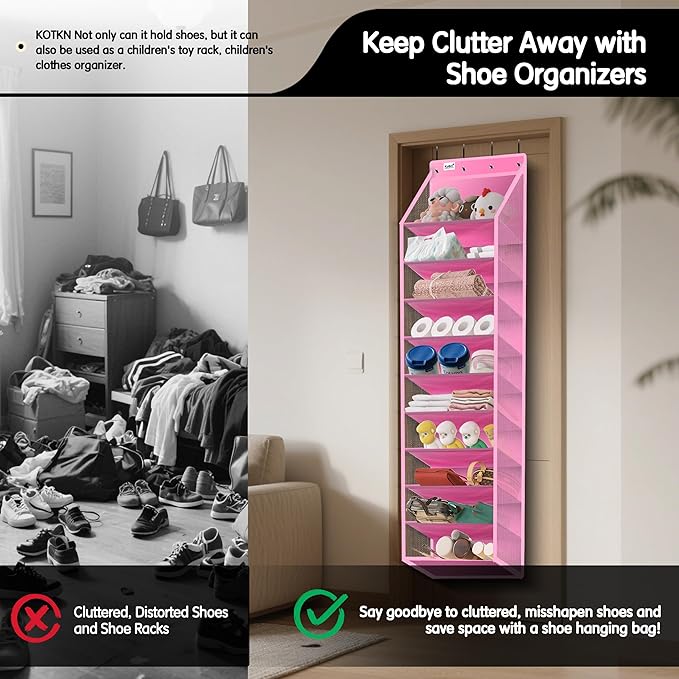 10 Tier Over The Door Organizer - Heavy Duty Hanging Storage Rack with Sturdy Oxford Fabric, Holds 20+ Pairs of Footwear, Boots & Sneakers, Saves 50% Closet Space! (Pink)