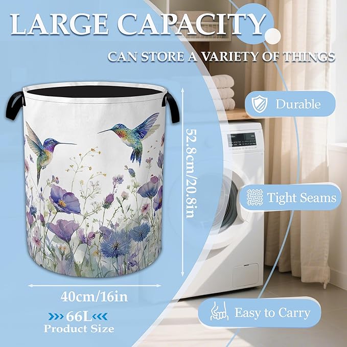 Hummingbird Flowers Laundry Basket Collapsible Laundry Hamper Clothes Toy Storage Bin for Bathroom Bedroom Room Decor 16" X 20.8"