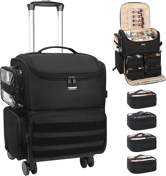 Relavel Rolling Makeup Train Case, Cosmetology Case on Wheels with 4 Clear Bags, Professional Makeup Artist Set Bags Cosmetic Storage Organizer with Adjustable Dividers, 360° Spinner Wheels, Black