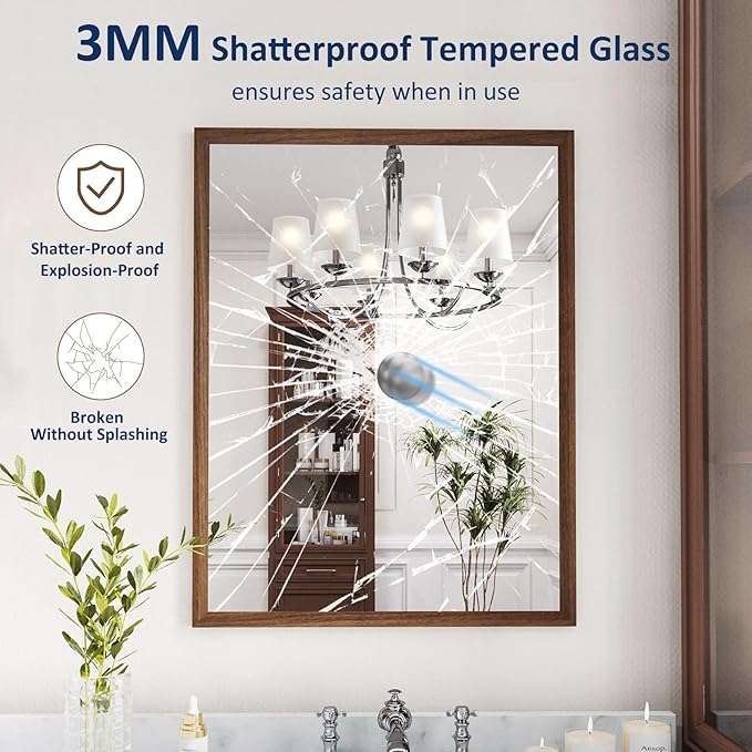 WEER Bathroom Mirror, 22x30 Inch Wall Mirror, Walnut Wood Grain Framed Mirror, Rectangle Vanity Mirror, Tempered Glass, Anti-Rust, Hangs Horizontally or Vertically