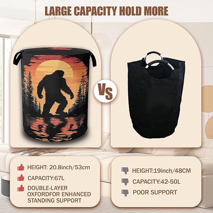 Bigfoot Laundry Hamper,Sunset Forest Laundry Baskets,Waterproof Oxford Cloth Toy Storage for Bedroom,Bathroom,Nursery,16x20.8 Inch