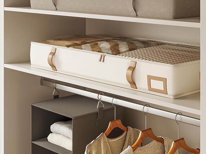 Vailando Under Bed Storage Containers, 6 Inches Tall 60L Underbed Storage Bins with Leather Handles and Sidewalls, Closet Organizer for Clothes, Blankets, Seasonal Items, Beige with Brown, 2-Pack