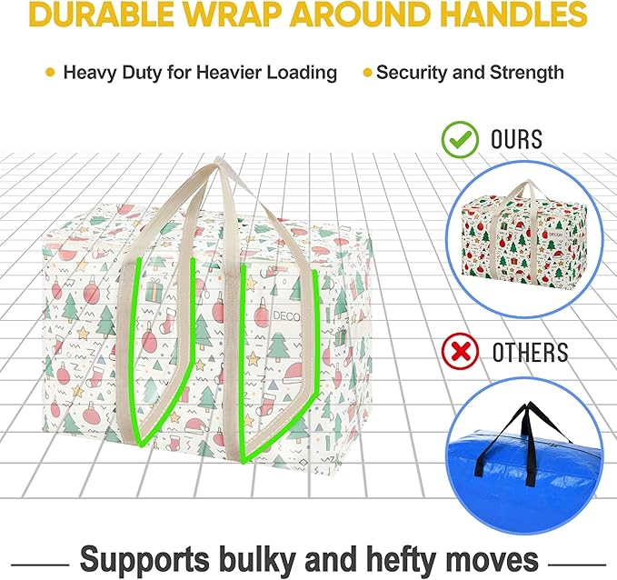 VENO 4 Pack Moving Bags and Large Christmas Storage Bins with lids. Alternative to Moving Boxes, Packing Supplies for College. Extra Large Heavy Duty Totes for Packaging (Jingle Mix, 4 Pack)