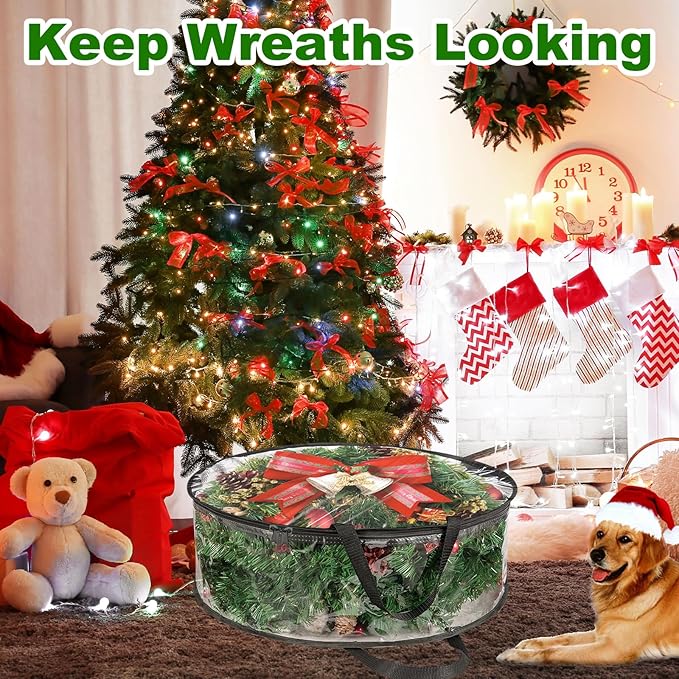 SHUESS 5 Pack Clear Wreath Storage Bags, 24 x 8 Inch Christmas Wreath Storage Container, Heavy Duty PVC Wreath Protector with Dual Zippered and Reinforced Handle for Holiday Seasonal Wreath Garland
