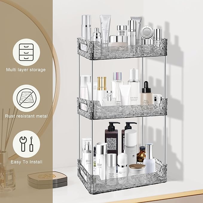 3-Tier Bathroom Counter Organizer Countertop Storage, Dresser Organizer Vanity Tray for Makeup, Perfume Organizer Cosmetics Skincare Shelf - Grey
