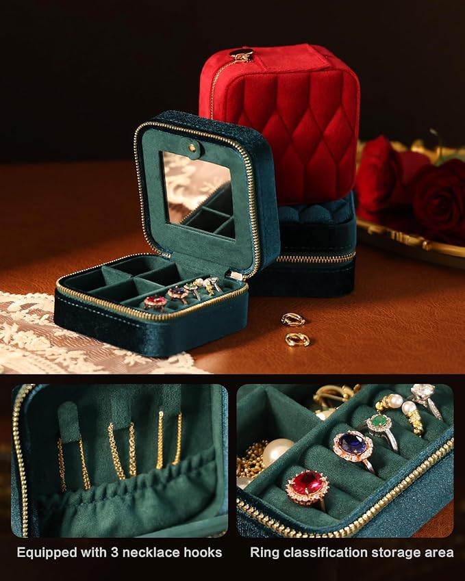 Velvet Jewelry Box – Travel Jewelry Case Organizer with Mirror, Adjustable Compartments for Women | Luxury Storage Case & Gift for Her - MossGreen