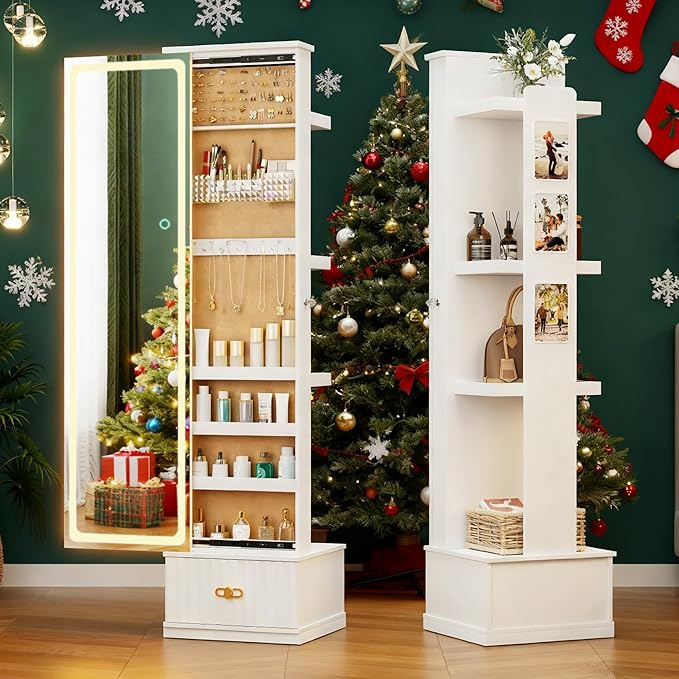 HNEBC LED Jewelry Cabinet Standing, Full Length Mirror with Storage/3 Color Adjustable LIghts, Jewelry Armoire has 3 Photo Frames/4 Shelfs/1 Drawer,Space-Saving Organizer,Christmas Gifts for Women